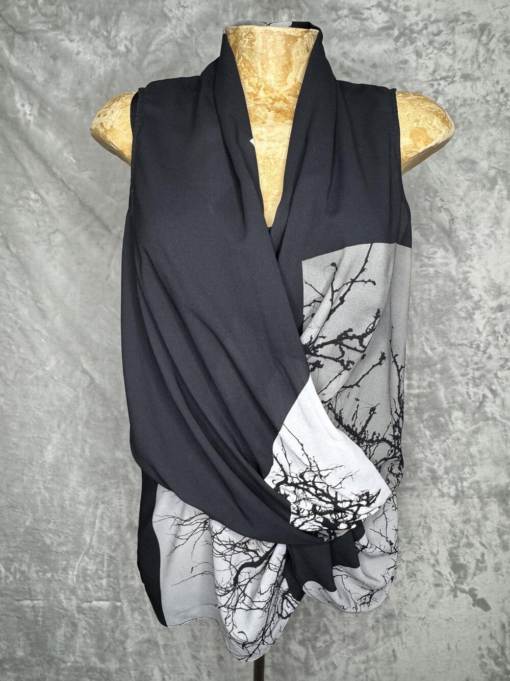 Helmut Lang Top Womens Small Black Tree Print Draped Cowl Neck Tunic Sleeveless